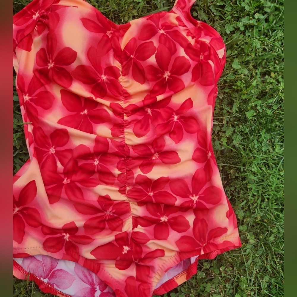 Le Cove One Piece Swimsuit 18 Full Coverage Women Red Orange Floral Bathing Suit - Picture 6 of 10